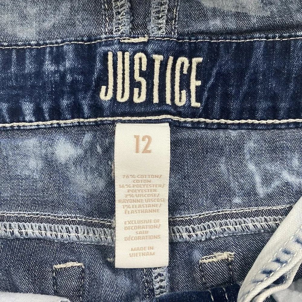 Justice Girls Shortalls Overalls Shorts Sz 12 Denim Blue Jean Acid Wash Stretch